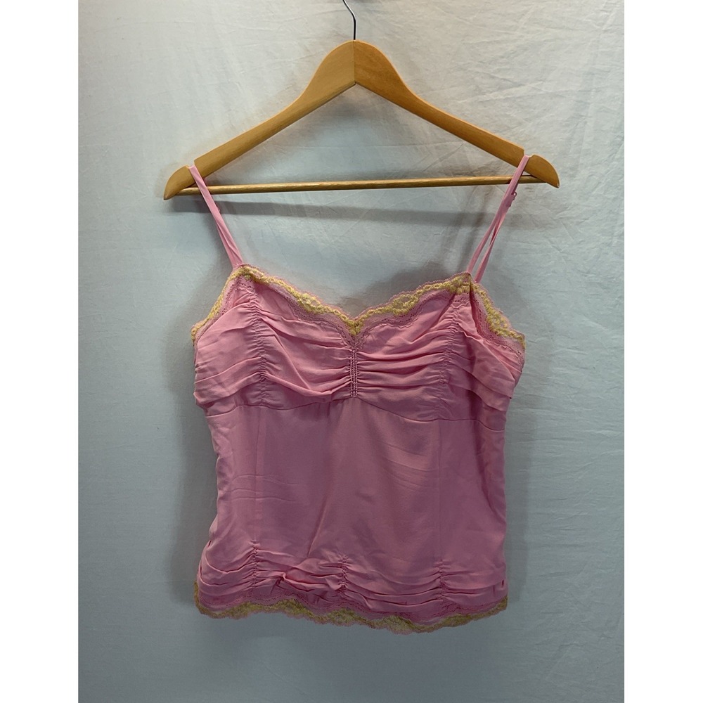 E by Eci Babydoll Ruched Top Cami Pink Lace Trim Sz 10 Coquette Fairycore Summer